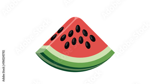 A slice of watermelon with black seeds on a white background