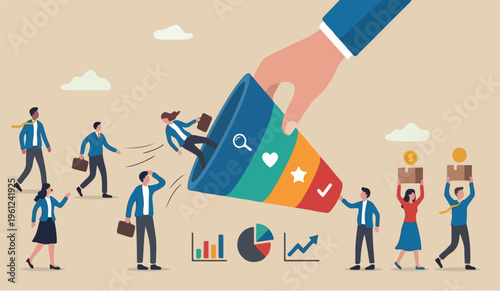  Lead generation convert sales marketing funnel conversion rate, advertising analysis concept, hand holding marketing funnel to pull potential customer convert sales