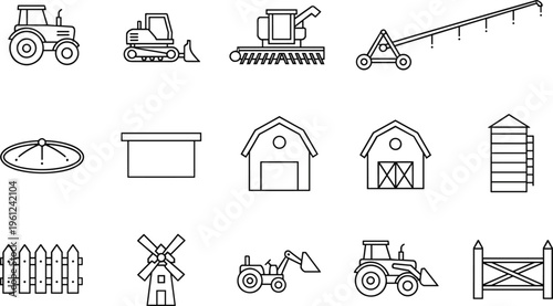 Black and white farming and agriculture line icons collection featuring tractors, barns, silos, irrigation systems, windmill, fences, and essential farm equipment illustrations
