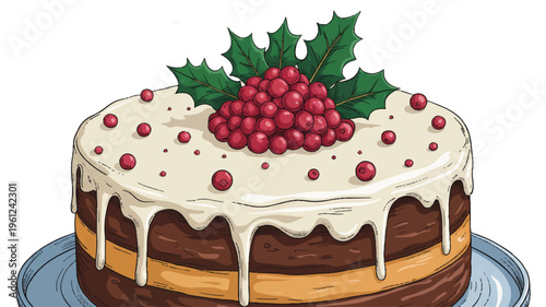 Christmas cake with white icing and holly on top