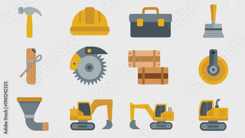 Collection of construction tools and machinery icons on gray background