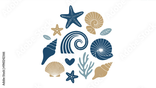collection of seashells starfish and seaweeds on white background