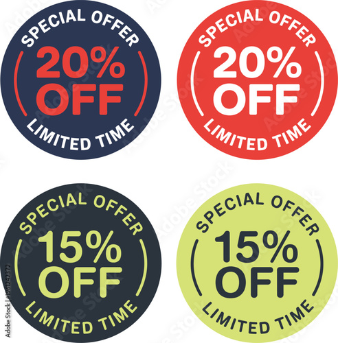 Special Offer Discount Badge Set with 15 and 20 Percent Off Limited Time Labels