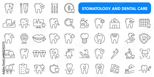 Dental Care and Stomatology - editable line icons collection.