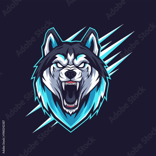 Fierce aggressive wolf head mascot logo design with bared teeth and sharp blue accents.