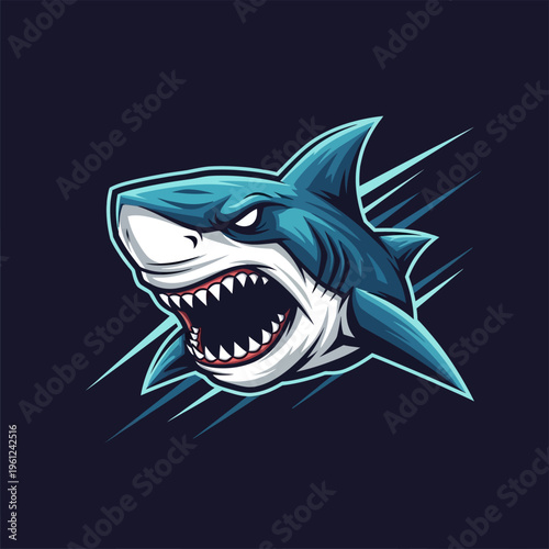 Fierce blue shark with open mouth and sharp teeth.