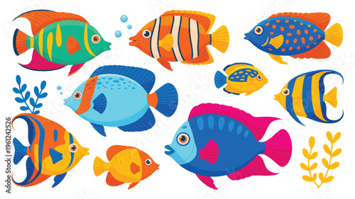 colorful cartoon fish and seaweed on white background