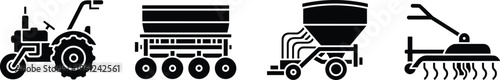 Black silhouette icons of tractor, seed drill, fertilizer spreader, and cultivator representing essential farming machinery, soil preparation, planting, and agricultural equipment illustration
