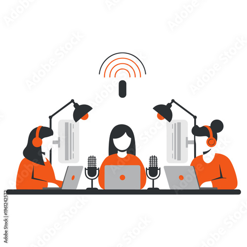 Three woman podcasters recording digital content with microphones and laptops in radio room