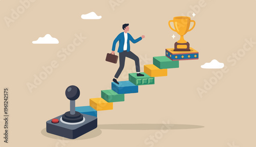  Gamification, business marketing using game challenge, achievement engage customer, winning motivation, joyful businessman walk up stair gaming joystick achieve target