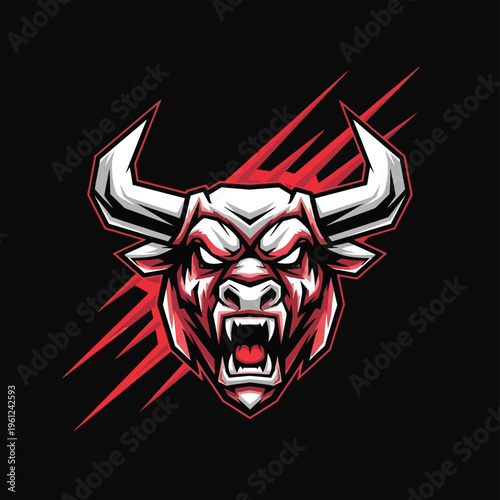 Fierce bull head mascot with aggressive expression and sharp horns.