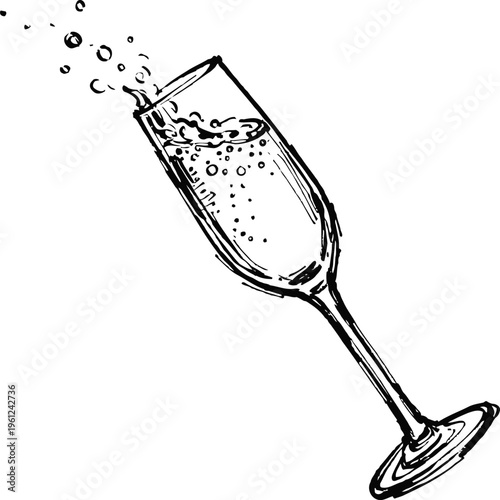Hand drawn sketch of a tilted champagne flute with sparkling bubbles and liquid splash