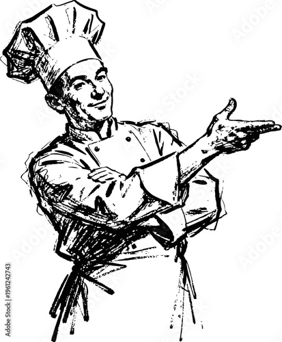 Sketch of confident male chef in traditional uniform pointing with hand gesture
