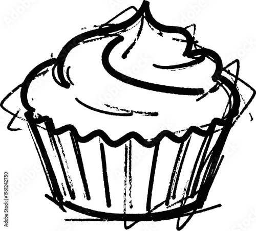 Hand drawn cupcake sketch with creamy frosting swirl in simple black ink