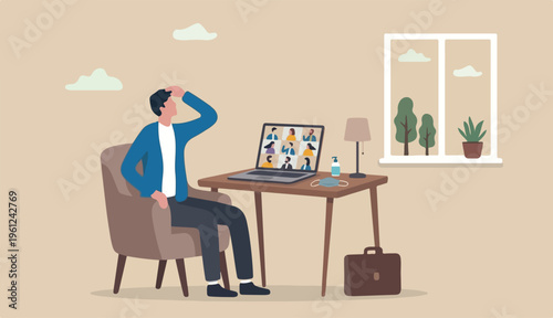 Work from home video conference meeting team to social distancing Coronavirus COVID-19 pandemic concept, office home working chair too conference meeting team laptop computer