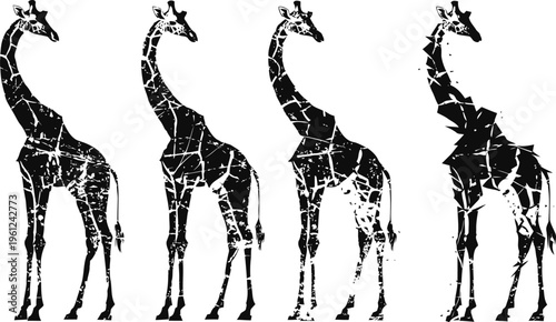 Four stylized black giraffes with abstract cracked texture in standing poses on white background