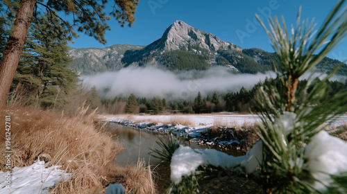 Mountain River Valley with Morning Mist and Snow