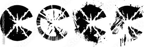 Set of black and white distressed circular grunge textures with cracks and splatters