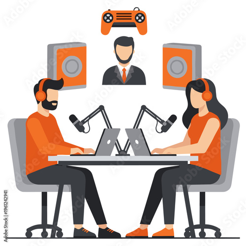 Gaming podcast concept with male and female hosts using microphones and audio equipment