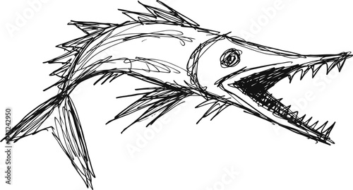 Sketch of a fierce barracuda fish with sharp teeth and spiky fins in black and white line art