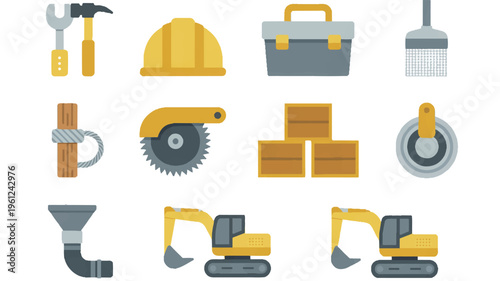 construction tools and equipment icons on white background