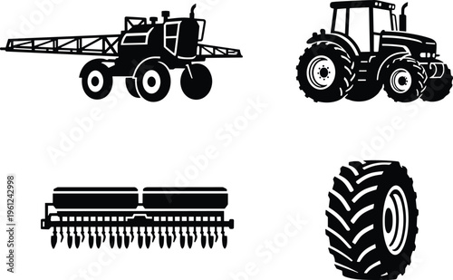 Black silhouette icons of tractor, self-propelled sprayer, seed drill planter, and large farm tire representing essential agricultural machinery, crop production, and farming equipment illustration