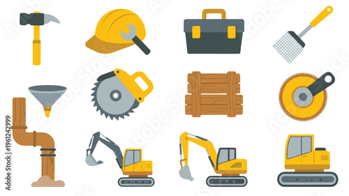construction tools and equipment icons on white background