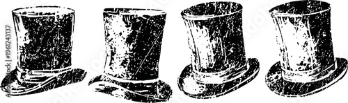 Vintage black top hats set in different angles, hand drawn illustration
