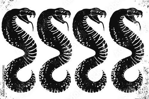 Four black cobra snake silhouettes with open mouths in vintage distressed