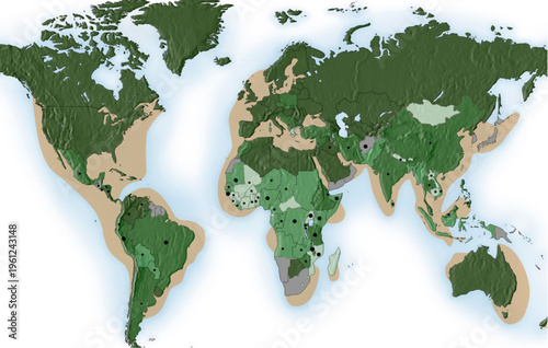 World map with diverse green and brown land masses on white background