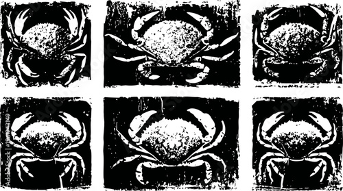 black and white crab silhouettes set grunge crustaceans with textured distressed effect