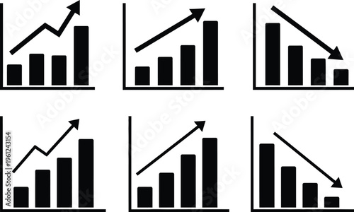 Collection of six black and white bar graphs with trending arrows