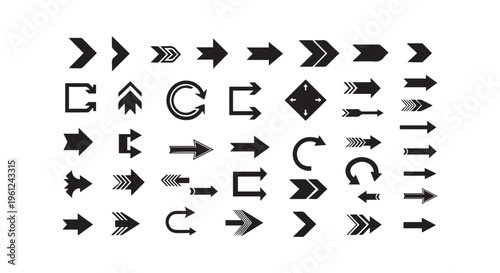 Collection of various black arrows on white background for design purpose