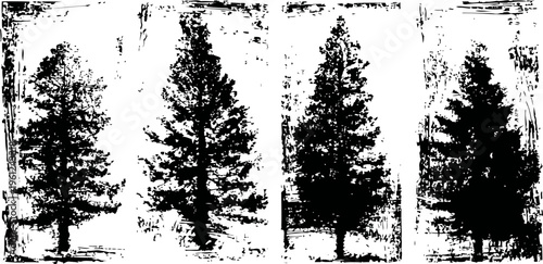grunge black evergreen trees silhouettes set vintage distressed pine forest elements collection