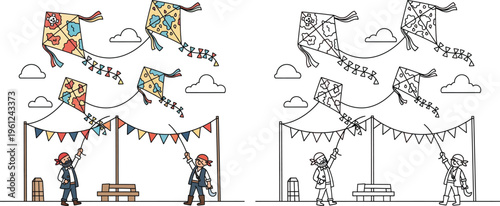 Pirate Themed Kite Flying Cartoon Illustration with Matching Coloring Page Version for Childrens Activity Book