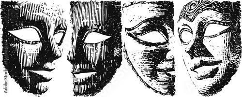 Wood carved tribal masks with expressive faces, traditional cultural art and ethnic wooden sculpture decoration