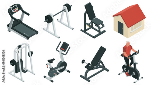 gym equipment and house with a man exercising on a bike at home