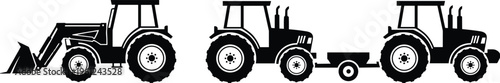 Black silhouette tractors with front loader, trailer attachments, and farming machinery icons set representing agricultural equipment, rural work vehicles, and essential farm tools illustration
