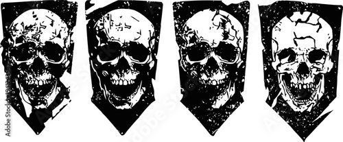 Grunge skull banners set with cracked and distressed textures, dark gothic design elements