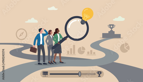 Business intelligence information to competitive win competition, discover business solution concept, business people team looking lightbulb magnifying glass