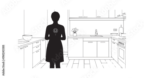 A woman standing in a modern kitchen with cabinets and appliances