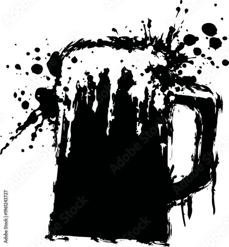 Black ink splatter forming a beer mug silhouette with dynamic splash effect and paint drops