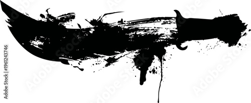 Black ink brush stroke with textured splash and grunge paint effects on white background