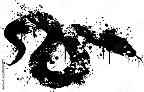 Black ink splatter silhouette of snake coiled with forked tongue extended in abstract artistic