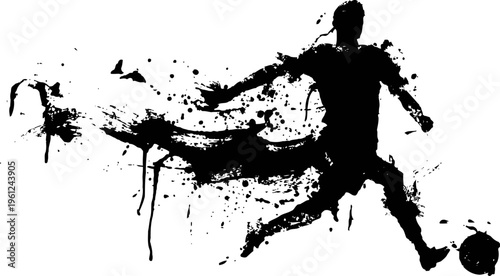 Dynamic silhouette of soccer player kicking ball with abstract ink splash effect