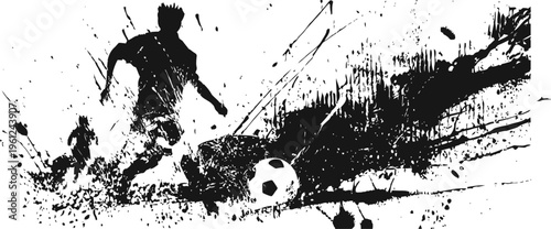 Dynamic soccer player striking ball with energetic motion and ink splatter background