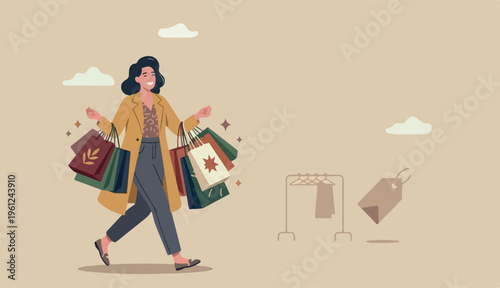 Shopping at retail store, happiness and joyful buying discount stuff, shopaholic fashionable concept, stylish cheerful lady woman walking and carrying lot shopping bags.