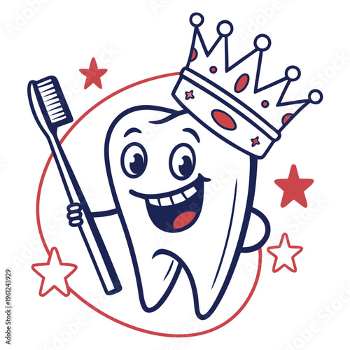 A cartoon tooth wearing a royal crown and holding a toothbrush for dental health concept