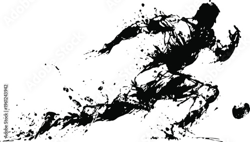 Dynamic soccer player silhouette kicking ball with explosive ink splash effect