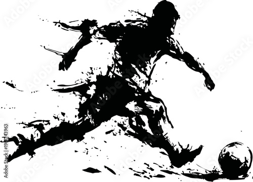 Dynamic abstract soccer player kicking ball in artistic ink splash silhouette